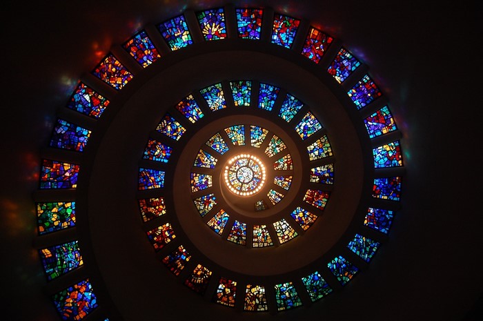 Spiral Staircase with Stained Glass Windows