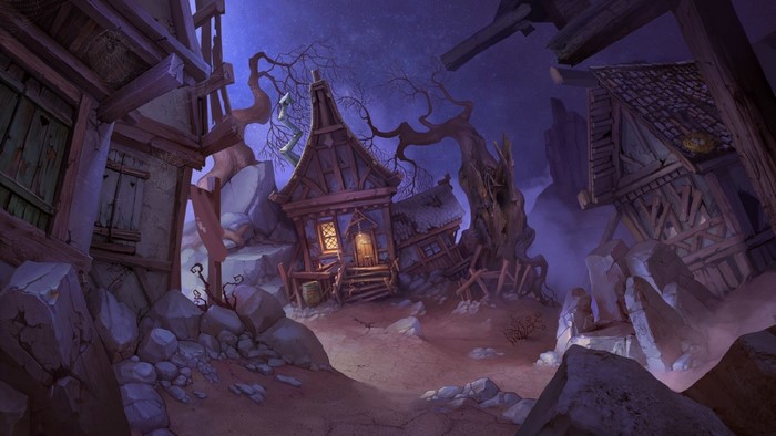 Fantasy village with dilapidated buildings and a large tree