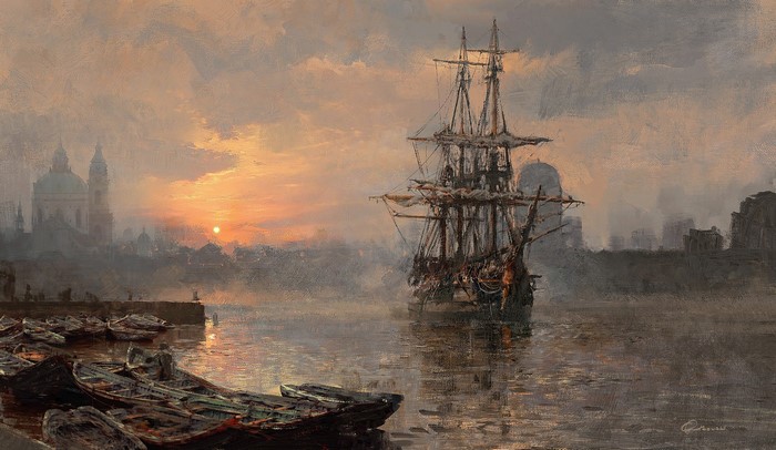 Painting of a ship in a harbor at sunset