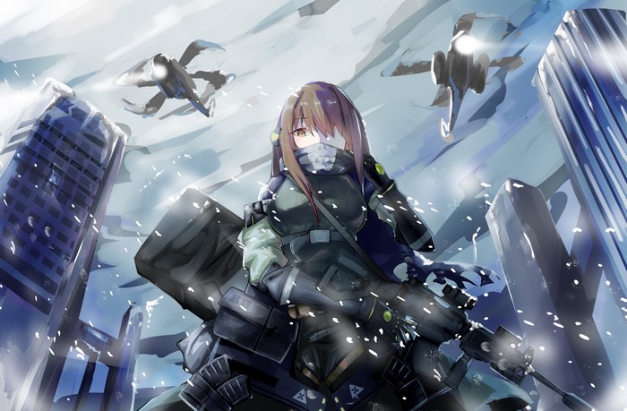 Anime girl with rifle in snowy city