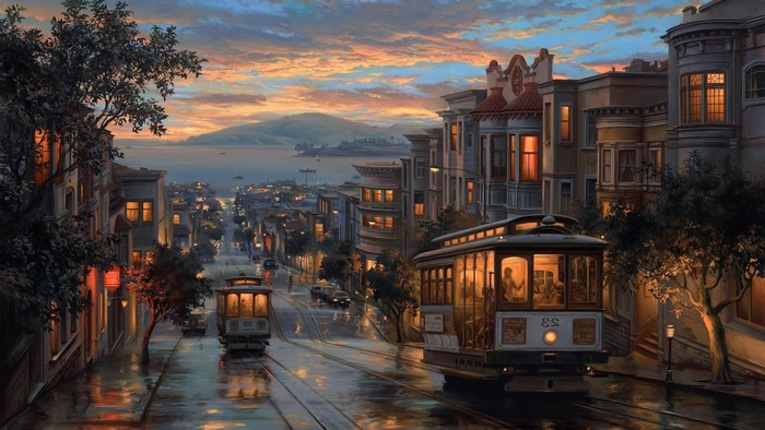 San Francisco cable cars at sunset, digital art by Evgeny Lushpin