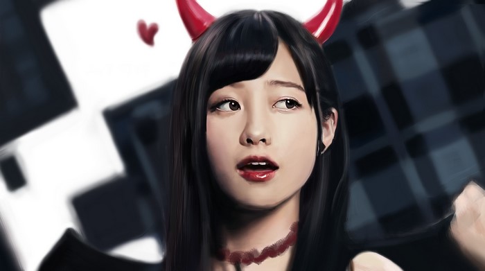 Kanna Hashimoto with red devil horns and red lipstick