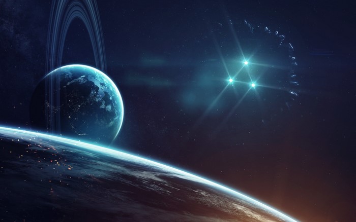 Planets and rings in deep space with bright lights