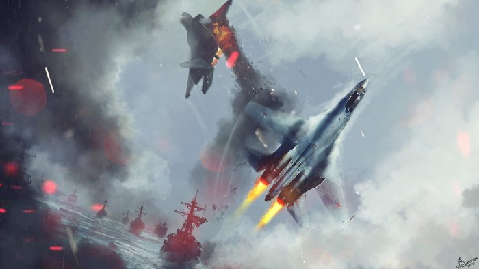 Military aircraft dogfight over a naval fleet