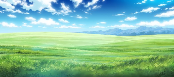 Anime landscape with rolling green hills and mountains