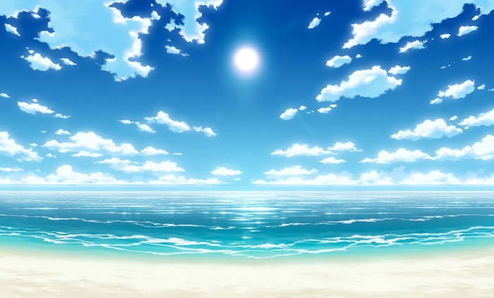 Anime Beach with Sun and Clouds