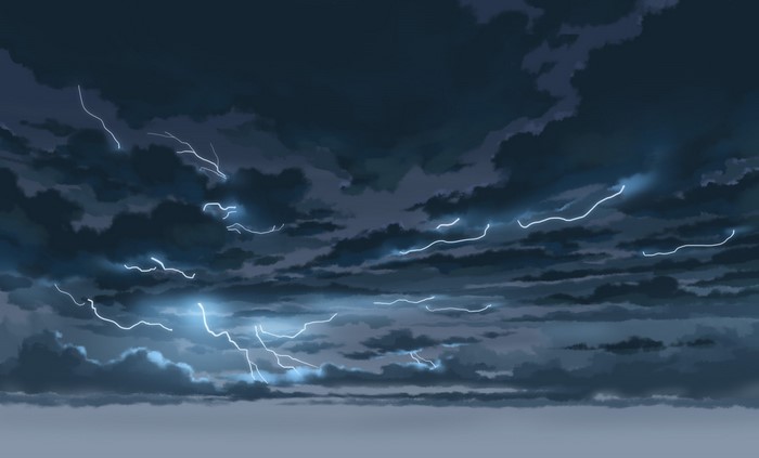 Lightning strikes through dark storm clouds in the sky