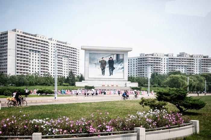 Apartments and a large billboard in Pyongyang, North Korea