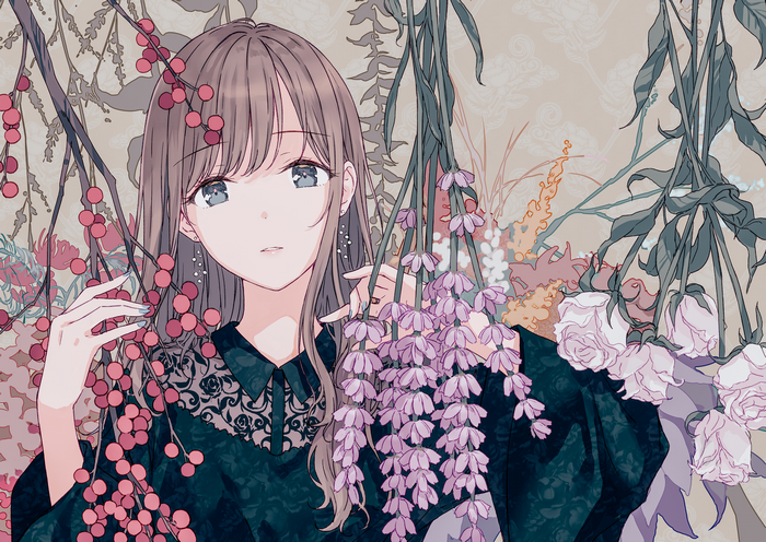 Anime girl with long hair surrounded by flowers