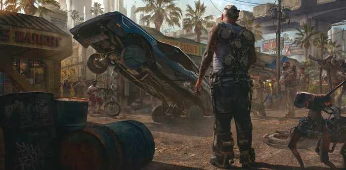 Cyberpunk street scene with overturned car and people