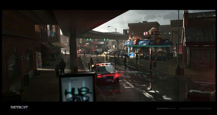 Detroit: Become Human artwork of a city street with police car
