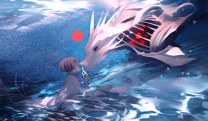 Girl and a white dragon in water