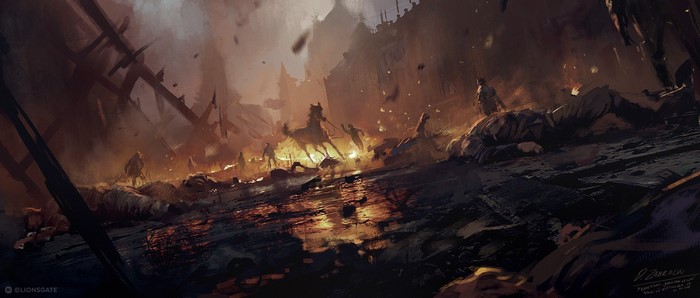 Concept art of a battlefield with a horse and corpses