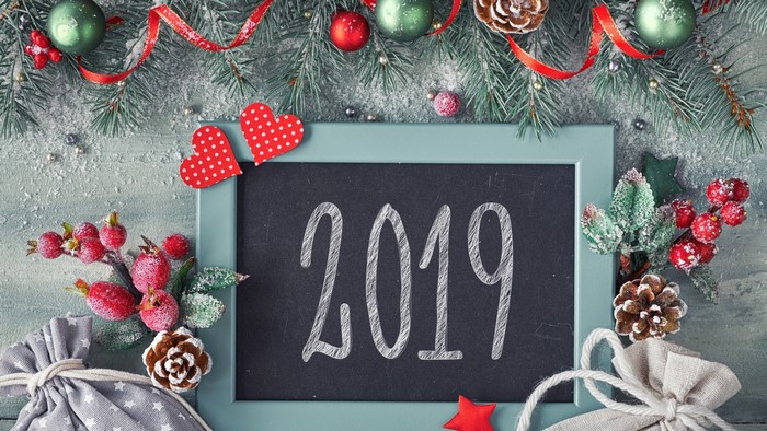 2019 New Year Chalkboard with Christmas Decorations