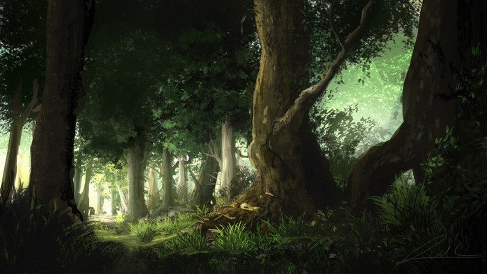Digital painting of a sunlit forest with large trees and grass