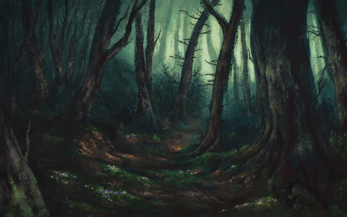 Painting of a dark, misty forest path with trees