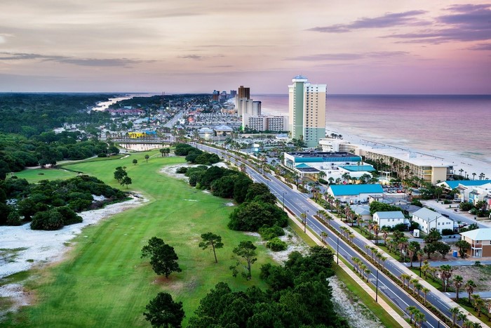 Aerial view of Panama City Beach, Florida coastline with golf course