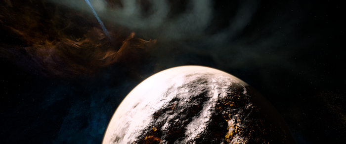 Planet in space with nebula and beam