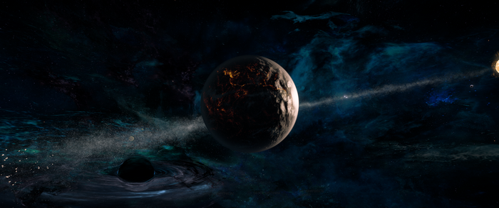 Planet and black hole in space with nebula