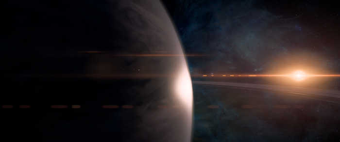 Planet with rings and a star in Mass Effect: Andromeda