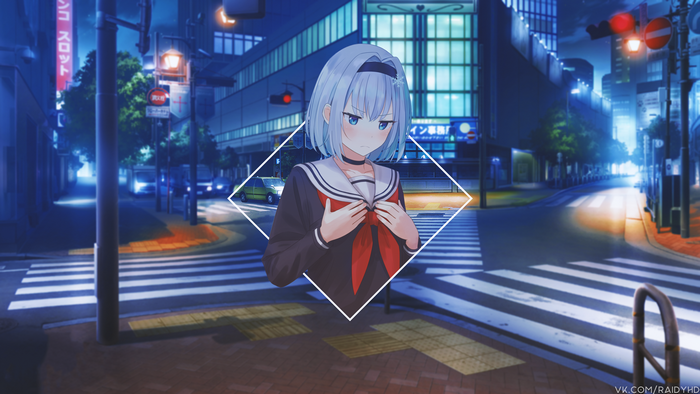 Anime girl in school uniform on a city street at night