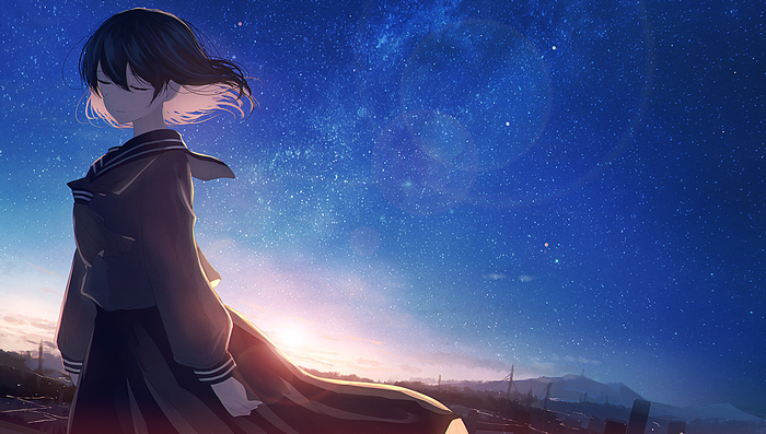 Girl in school uniform under starry sky