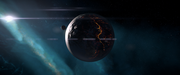 Planet with glowing fissures and a moon in space