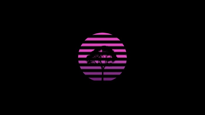 Silhouette of a tree against a striped violet circle