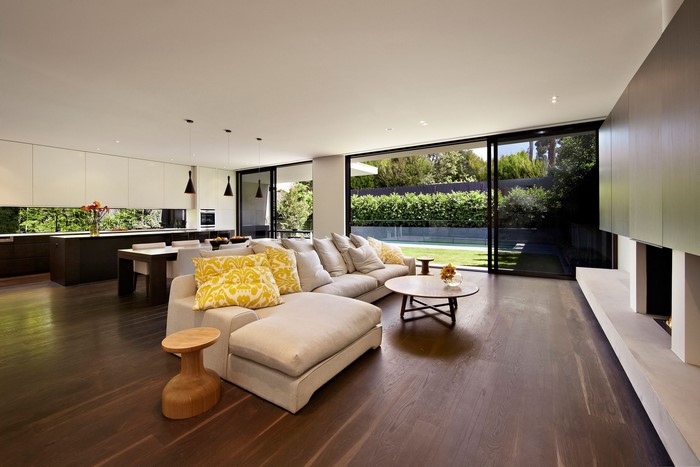 Modern luxury house interior with open plan living and kitchen