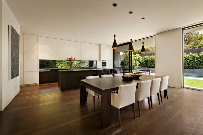 Modern luxury house interior with dining area and kitchen