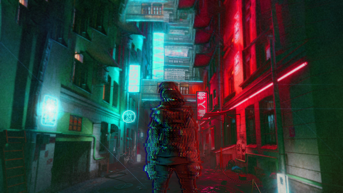Cyberpunk alley with a person in futuristic gear