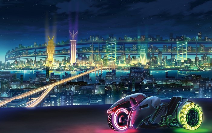 Neon cityscape with futuristic motorcycle at night