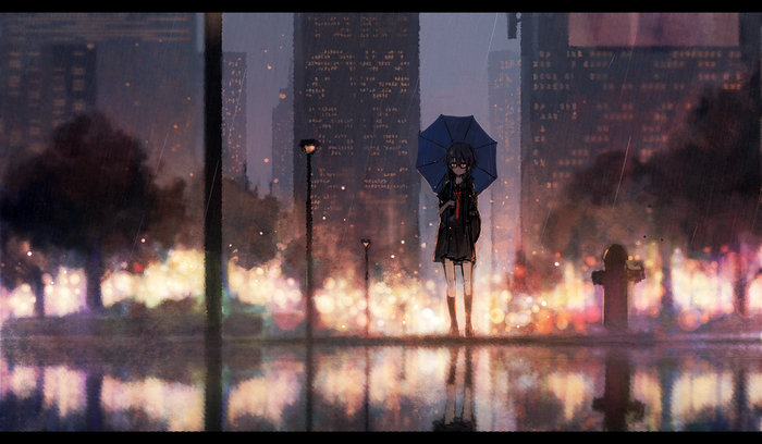 Anime girl with umbrella in rainy cityscape