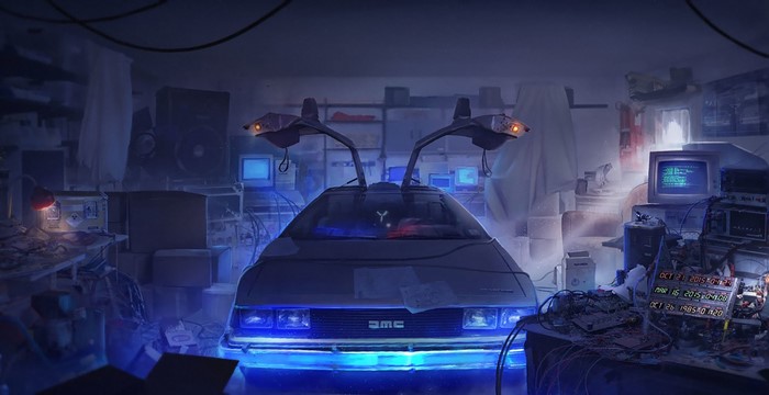 DeLorean Time Machine in a cluttered workshop