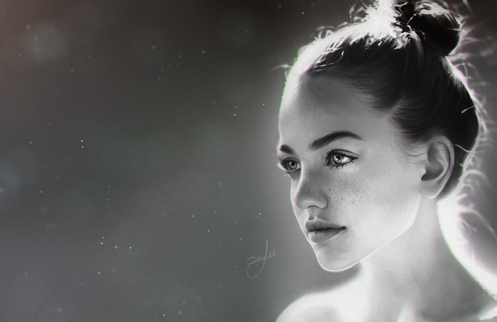 Monochrome portrait artwork of a woman