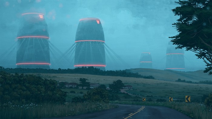 Futuristic towers in a foggy landscape