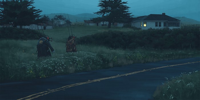 Two robots walking through a field near a house