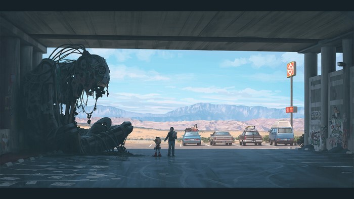 Father and robot in The Electric State desert