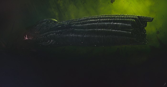 Artwork of a dark spaceship by Dmitrii Ustinov