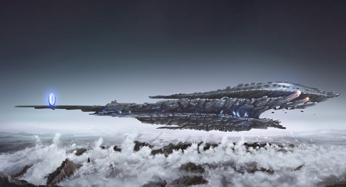 Spaceship with portal above clouds