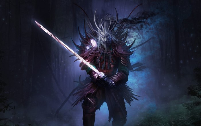 Dark fantasy warrior with glowing sword in forest