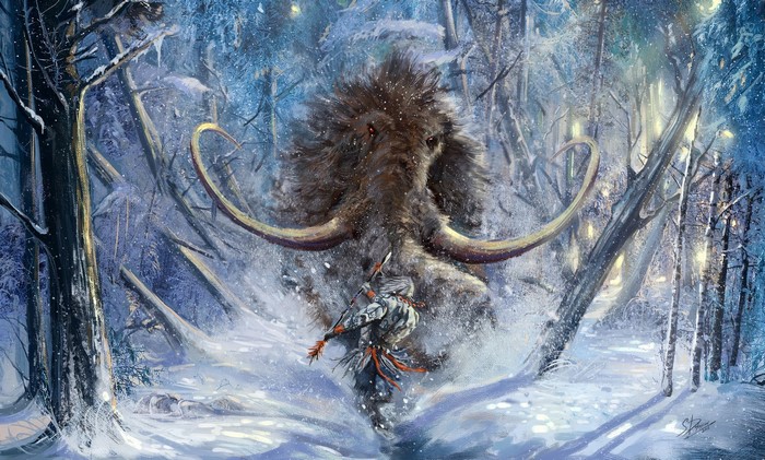 Hunter facing a mammoth in a snowy forest