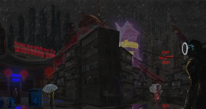 Cyberpunk city at night in the rain with neon signs