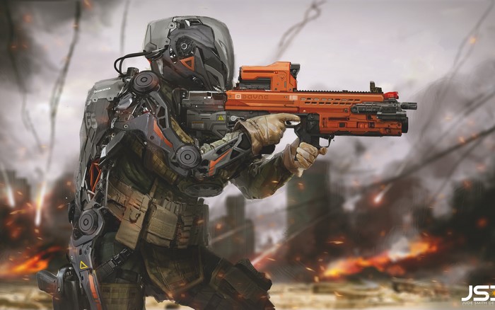 Futuristic soldier with orange weapon