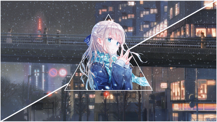 Anime girl in snow with city background