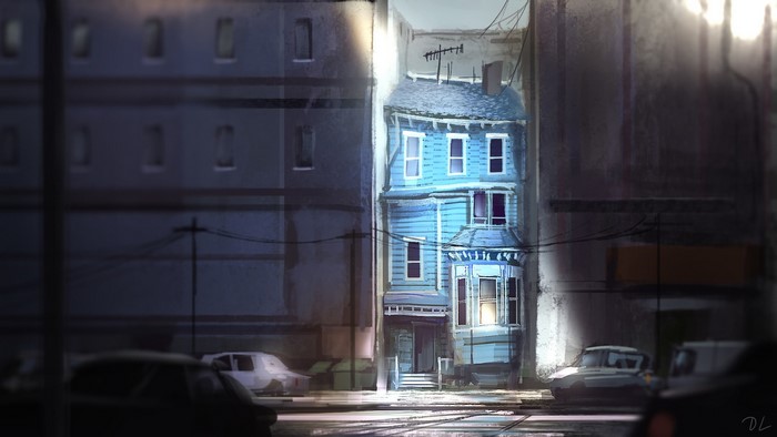 Artwork of a blue house on a city street at dusk