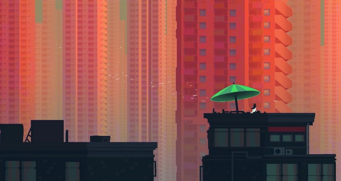 Cityscape with a person under an umbrella