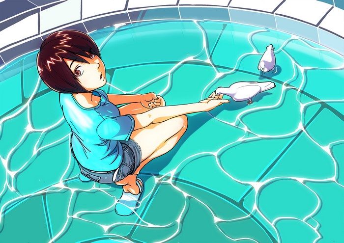 Anime girl feeding pigeons in a pool