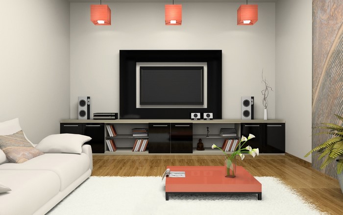 Modern living room with TV and couch
