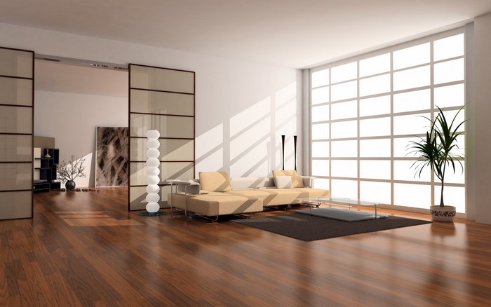 Modern living room with sectional couch and large window